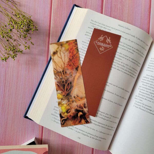 Marque-page d'une photographie aux couleurs de l'automne au recto et un fond marron soutenu au verso