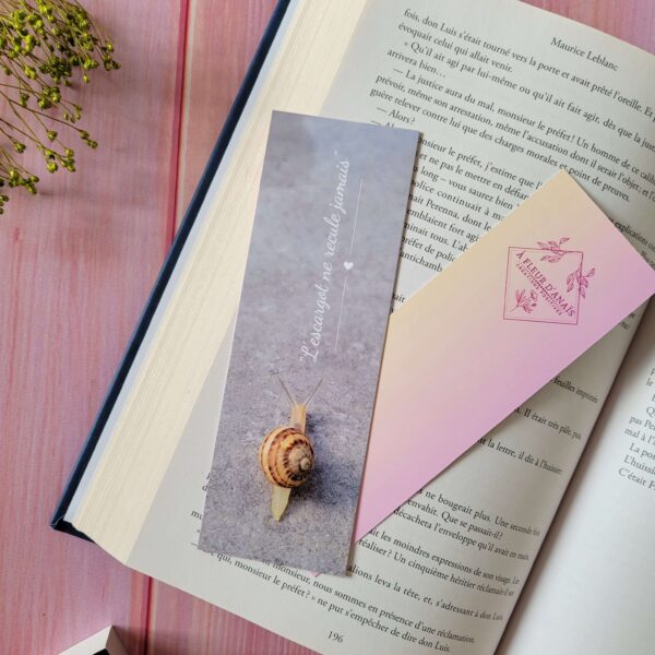Marque-page L'escargot ne recule jamais, photographie d'un escargot au recto et un fond dégradé pastel au verso